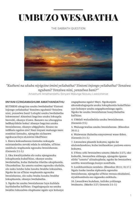 Cover of the tract Umbuzo WeSabatha